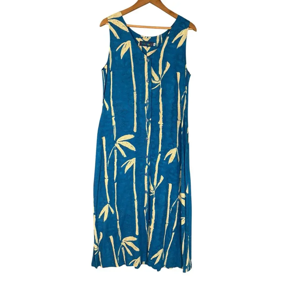 Vintage 80's Jams World Tropical Bamboo Print Maxi Dress M Resort Beach Hawaiian - Picture 5 of 13